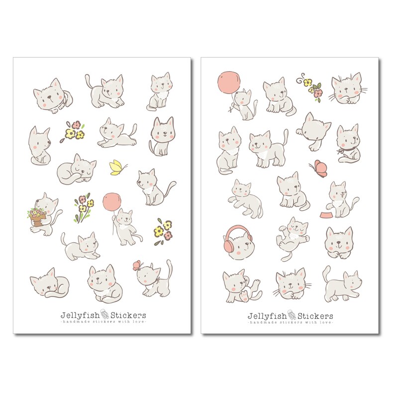 May include: Two sheets of stickers featuring hand-drawn illustrations of adorable gray kittens in various poses. Some kittens hold balloons or flowers. The text "Jellyfish Stickers handmade stickers with love" is at the bottom of each sheet.