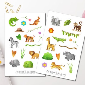 Set di adesivi per simpatici animali della giungla - Adesivi per diario, adesivi per agenda per bambini, viaggi, leone, elefante, Africa, natura selvaggia, animali