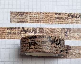 May include: Decorative washi tape rolls and strips with a vintage newspaper print design. The tape features text, stamps, and a sepia-toned color scheme. The words "POSTAGE DUE" are visible on the tape. Ideal for scrapbooking and crafting projects.