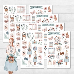 Girls Fall Sticker Set - autocollants, autocollants de journal, autocollants de planificateur, autocollants de filles, mode, fleurs, pastel, rose, citrouille, chat