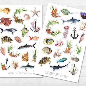 Zeedieren sticker set - zeestickers, dagboekstickers, maritieme stickers, schelpen, strand, zee, vakantie, walvis, kwallen, dolfijn, oceaan