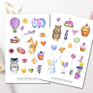 Tiere Geburtstag Sticker Set - Süße Aufkleber, Journal Sticker, Sticker Tiere, Party, Einladungskarten, Baby, Kindergeburtstag, Luftballon