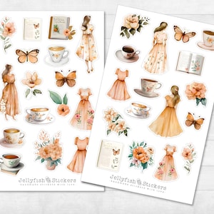 Peach Sticker Set - autocollants, autocollants de journal, autocollants de planificateur, filles autocollantes, fleurs, floral, pêche, thé, tasse, livres, lecture