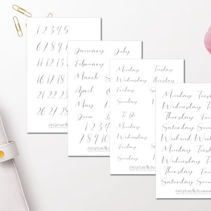 Adesivi con script mesi, giorni della settimana, lettere adesive con numeri, adesivi con parole planner, caratteri, calligrafia