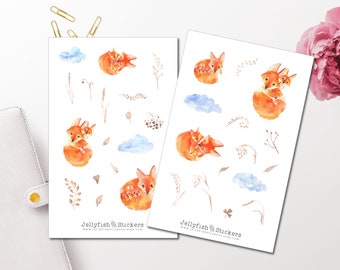 Cute Foxes Sticker Set - Cute Stickers, Journal Stickers, Animals Stickers, Planner Stickers, Sticker Fox, Cloud Sticker Sheet