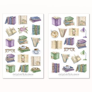 Books Sticker Set - autocollants, autocollants de journal, autocollants de planificateur, autocollants de lecture, fleurs, floral, rat de bibliothèque, bibliothèque, violet, vert, vintage