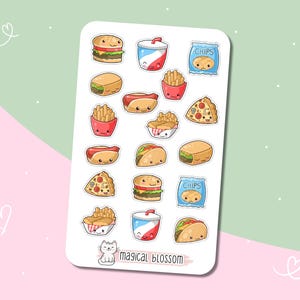Folha de adesivos de fast food - adesivos, fofos, adesivos, comida, hambúrguer, batatas fritas, pizza, chips, América, culinária, cozinha, receitas, livro de receitas