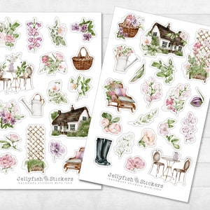Frühling Garten Sticker Set - Florale Aufkleber, Journal Sticker, Planer Sticker, Sticker Natur, Blumen, Pflanzen, Blätter, Haus, Zuhause