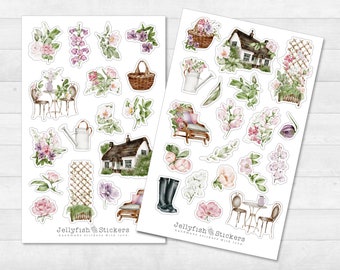 Frühling Garten Sticker Set - Florale Aufkleber, Journal Sticker, Planer Sticker, Sticker Natur, Blumen, Pflanzen, Blätter, Haus, Zuhause