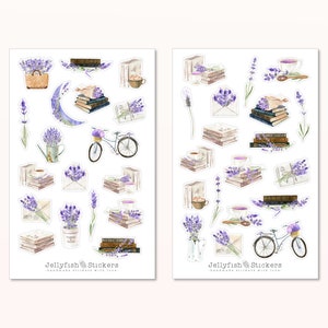 Bücher Lavendel Sticker Set - Aufkleber, Planer Sticker, Sticker Lesen, Blumen, Bücherwurm, Bibliothek, Frühling, Sommer, Natur, Briefe