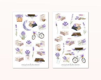 Bücher Lavendel Sticker Set - Aufkleber, Planer Sticker, Sticker Lesen, Blumen, Bücherwurm, Bibliothek, Frühling, Sommer, Natur, Briefe