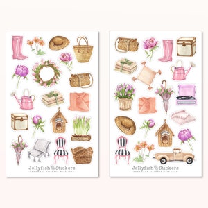 Lente sticker set - planner stickers, dagboekstickers, tuin, planten, natuur, bloemen, objecten, elementen, huis, gezellig