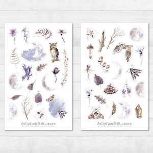 Mystischer Wald Sticker Set - Journal Sticker, Planer Sticker, Aufkleber, Eule, Vogel, Insekten, Motte, Pflanzen, Blumen, Mond, Nacht, Natur