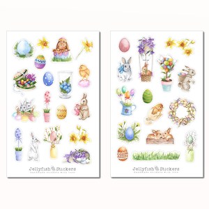 Ensemble d'autocollants de Pâques - Autocollants de journal, autocollants de planificateur, lapin, Pâques, mignon, doux, fleurs, vacances, nature, jardin, plantes, œufs