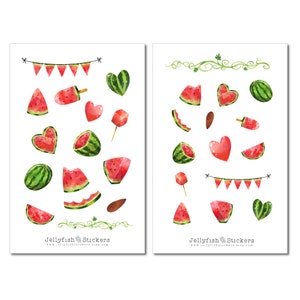 Set adesivi anguria - Adesivi per cibi e bevande Adesivi per diario Adesivi per pianificatore, adesivi Estate, frutta, foglio di adesivi per frutta