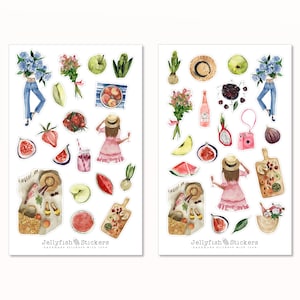 Ensemble d’autocollants d’été - Autocollants planificateur, autocollants journal, jardin, plantes, nature, fleurs, filles, pique-nique, fruits, nourriture et boissons, figue