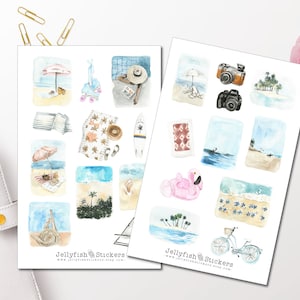 Conjunto de pegatinas de playa de verano - Diario pegatina planificador pegatina pegatina vacaciones, viajes, mar, playa, arena, toalla, hoja de pegatinas de verano
