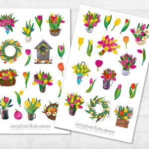 Tulpen Sticker Set - Florale Aufkleber, Journal Sticker, Planer Sticker, Sticker Natur, Frühling, Grün, Pflanzen, Blumen, Garten