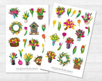 Tulip Sticker Set - Floral Stickers, Journal Stickers, Planner Stickers, Stickers Nature, Spring, Green, Plants, Flowers, Garden