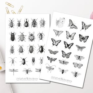 Vintage Insekten Sticker Set - Aufkleber schwarz-weiß, Journal Sticker, Sticker Schmetterling, Sticker Natur, Sticker Sheet