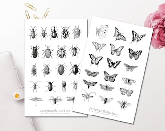 Vintage Insect Sticker Set - Black and White Stickers, Journal Stickers, Butterfly Stickers, Nature Stickers, Sticker Sheet