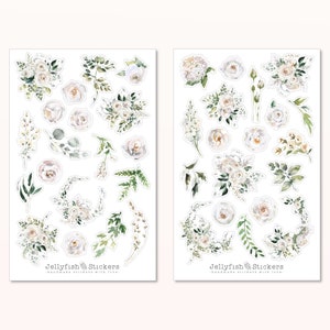 Ensemble d’autocollants roses blanches - Autocollants, Autocollants planificateur, Autocollants Jardin, Nature, Fleurs, Floral, Plantes, Feuilles, Bouquet, Mariage