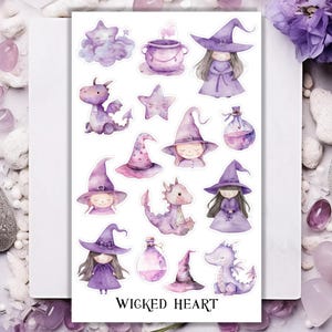Hoja de pegatinas de bruja morada: pegatinas, magia, hechizos, libro de brujas, libro, dragón, criaturas mágicas, místicas, lindas, niños, niñas