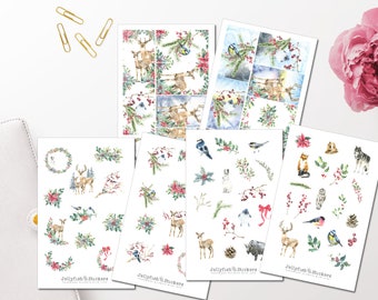 Christmas Animals Sticker Set - Journal Stickers, Planner Stickers, Christmas Stickers, Holidays, Winter, Christmas Stickers, Plants