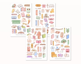 Mädchen Bücher Sticker Set – Journal-Aufkleber, Planer-Sticker, Gemütliches Lesemotiv (2 Bögen)