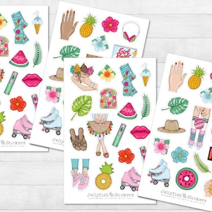 Set di adesivi estivi per ragazze - Adesivi per diario, adesivi per planner, adesivi per ragazze, adesivi per il tempo libero, simboli, oggetti, moda, fiori, vacanze