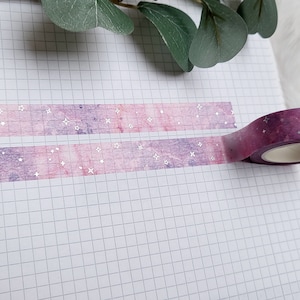 Taśma Washi Różowa Fioletowa - Srebrna, Akwarela, Akwarela, Gwiazdy, Galaktyka, Magia, Marmur