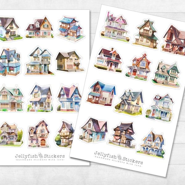 Häuser Sticker Set - Journal Sticker, Planer Sticker, Aufkleber, Sticker Haus, Gebäude, Stadt, Dorf, Straße, Landschaft, Bunt