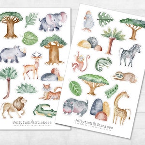 Conjunto de adesivos de animais da selva - adesivos de diário, safari, leão, girafa, tigre, elefante, zebra, preguiça, rinoceronte, pássaro, macaco, árvores, animais
