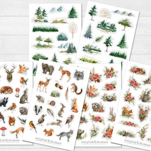 Forest Animals Sticker Set - Journal Stickers, Stickers Nature, Forest, Trees, Wilderness, Forests, Wolf, Fox, Bear, Deer, Flowers, Leaves, Plants