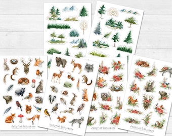 Forest Animals Sticker Set - Journal Stickers, Nature Stickers, Forest, Trees, Wilderness, Woods, Wolf, Fox, Bear, Deer, Flowers, Leaves, Plants