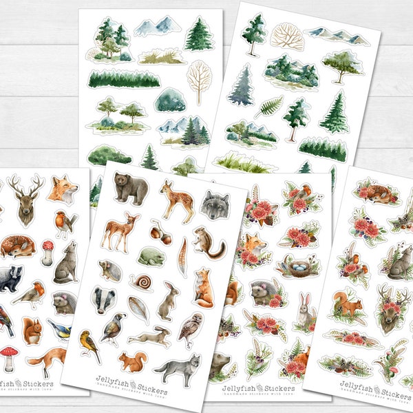 Waldtiere Sticker Set - Journal Sticker, Sticker Natur, Wald, Bäume, Wildnis, Wälder, Wolf, Fuchs, Bär, Reh, Blumen, Blätter, Pflanzen