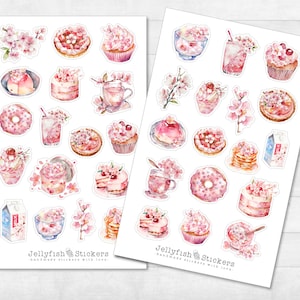 Kirschblüten Dessert Sticker Set - Florale Aufkleber, Journal Sticker, Sticker Blumen, Natur, Essen, Backen, Rezept, Frühling, Japan, Rosa