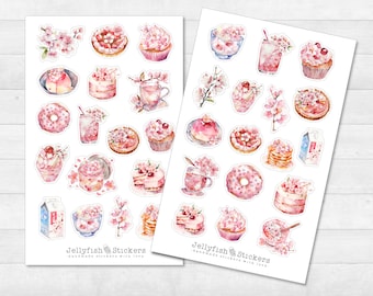 Cherry Blossom Dessert Sticker Set - Floral Stickers, Journal Stickers, Flower Stickers, Nature, Food, Baking, Recipe, Spring, Japan, Pink