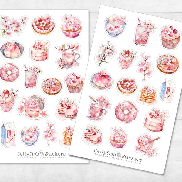 Kirschblüten Dessert Sticker Set - Florale Aufkleber, Journal Sticker, Sticker Blumen, Natur, Essen, Backen, Rezept, Frühling, Japan, Rosa