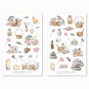 Conjunto de pegatinas de bienestar: pegatinas florales, pegatinas de diario, toalla de pegatinas, flor de loto, flores, plantas, florales, baño, velas