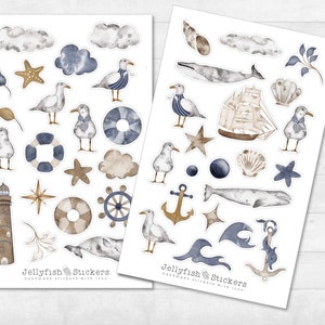 Conjunto de pegatinas marítimas - pegatinas de mar, pegatinas de diario, pegatinas de gaviotas, ballenas, conchas, playa, mar, vacaciones, diario de viaje, pájaros, pájaros