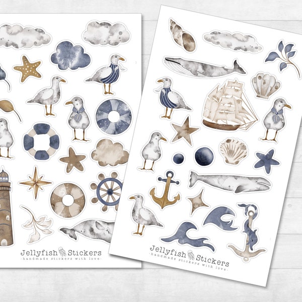 Maritimes Sticker Set - Aufkleber Meer, Journal Sticker, Sticker Möwen, Wale, Muscheln, Strand, Meer, Urlaub, Reisetagebuch, Vogel, Vögel