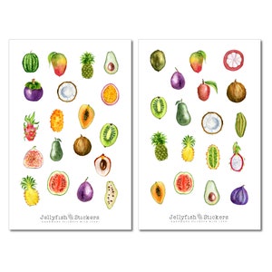 Set di adesivi per frutta tropicale - Adesivi per diario, adesivi per pianificatore, frutta, cibo, cucina, cucina, estate, ananas, avocado, frutto del drago, fico