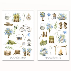 Juego de pegatinas para acampada: pegatinas para diario, pegatinas para agenda, pegatinas para senderismo, naturaleza, plantas, naturaleza, vacaciones, viajes, acampada, acuarela, flores