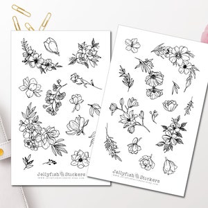 Set di adesivi con fiori in bianco e nero - Adesivi floreali Adesivi per diario Adesivi per giardino Adesivi per planner Adesivi floreali, piante
