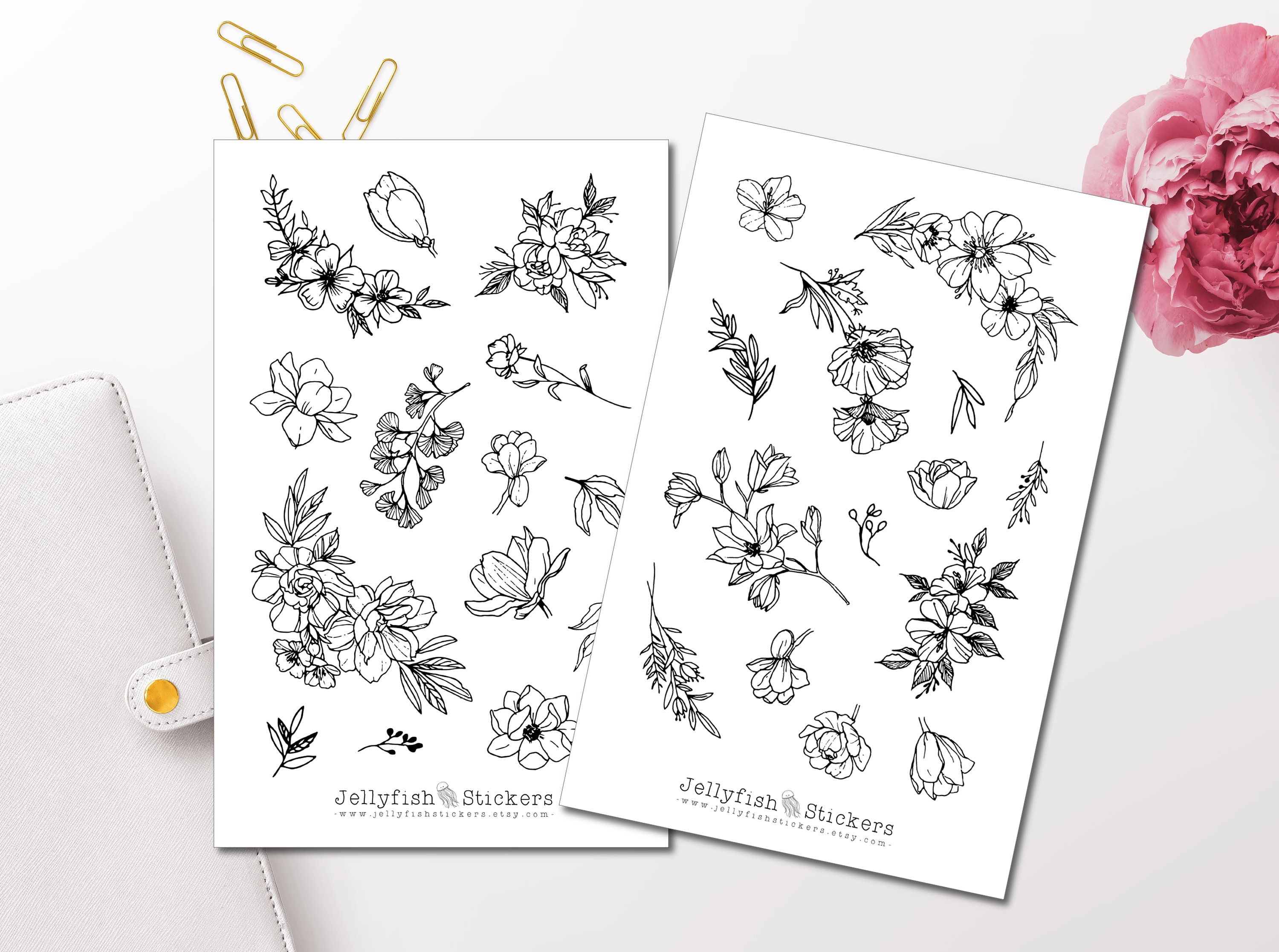 Flowers Black and White Sticker Set - Floral Stickers Journal Stickers ...