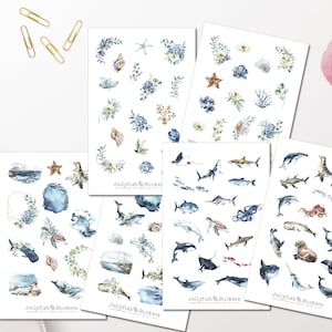Zeedieren stickerset - sticker dagboek sticker sticker zee, water, dieren, strand, maritiem, walvis, dolfijn, haai