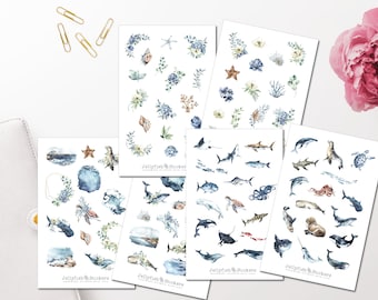 Sea Creatures Sticker Set - Sticker Journal Sticker Sticker Sea, Water, Animals, Beach, Maritime, Whale, Dolphin, Shark