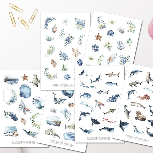 Meerestiere Sticker Set - Aufkleber Journal Sticker Sticker Meer, Wasser, Tiere, Strand, Maritim, Wal, Delfin, Hai