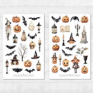 Ensemble d’autocollants d’Halloween - autocollants, autocollants de journal, autocollants de planificateur, autocollants citrouille, chauve-souris, sorcière, fantôme, fantôme, feuille d’autocollants, bougies